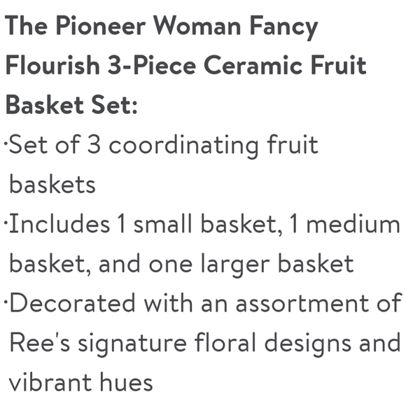 ❤️ New Pioneer Woman Fancy Flourish 3-Piece Ceramic Fruit Basket Set - Picture 4 of 6